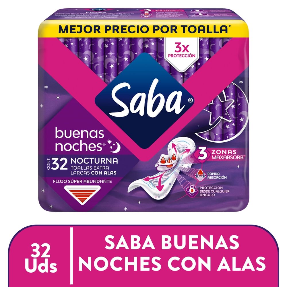 35546_05.jpg Toallas Femeninas Saba Buenas Noches Flujo Súper Abundante Con Alas - 32 Uds - Image 1
