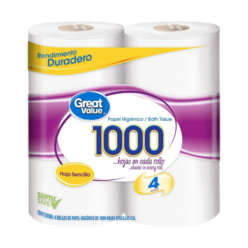papel-higienico-great-value-1000-hojas-sencillas-4-rollos-7441078263226-1.jpg Papel Higiénico Great Value 1000 Hojas Sencillas - 4 Rollos - Image 1